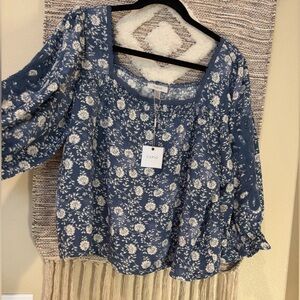 Cupio Boho Puff Sleeve Blue Smocked Blouse with Relaxed Fit